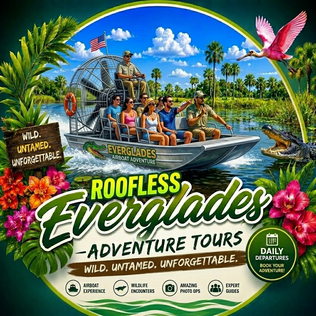 Everglades airboat — group cruising the wetlands with a great blue heron in view