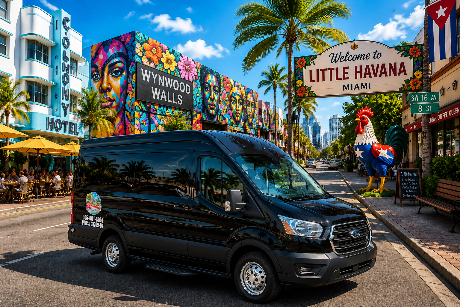 Miami City Tour — classic convertible cruising past Wynwood Walls, Little Havana and Art Deco hotels