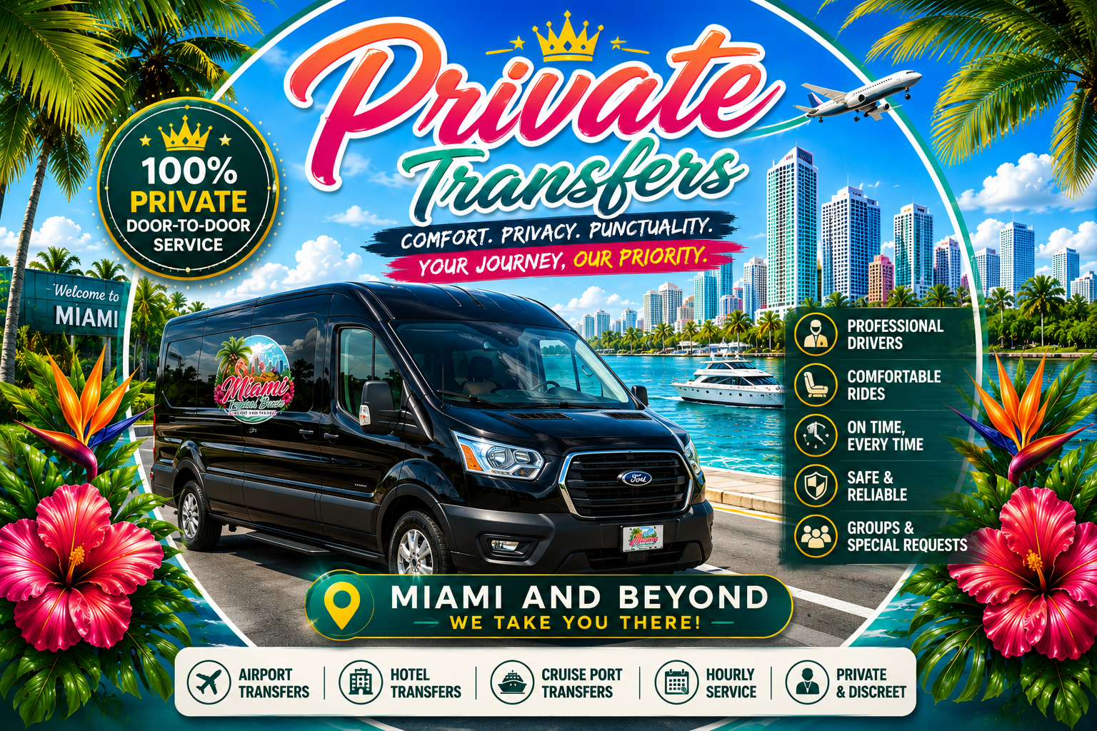 Miami Tropical Breeze Private Transfers — 100% private door-to-door service